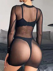 Women's Sexy Polyester Breathable Stand Collar Long Sleeve Transparent Lingerie