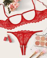 Crochet Lace Cutout Open Breast Lingerie Set