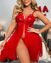 Embroidery Floral Lace Babydoll With Thong