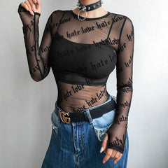 Letter Personalized Print See-Through Sexy Mesh Long-Sleeved T-Shirt
