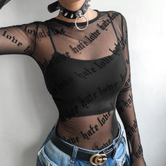 Letter Personalized Print See-Through Sexy Mesh Long-Sleeved T-Shirt