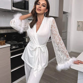 Solid Color Splicing Lace V-Neck Pajamas Robe Set——7 Colors