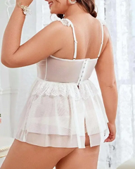 Plus Size Bowknot Decor Sheer Mesh Lace Patch Babydoll