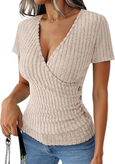 Short Sleeve V Neck Sexy Ribbed Knit Slim Fit Lightweight Sweater T-Shirts