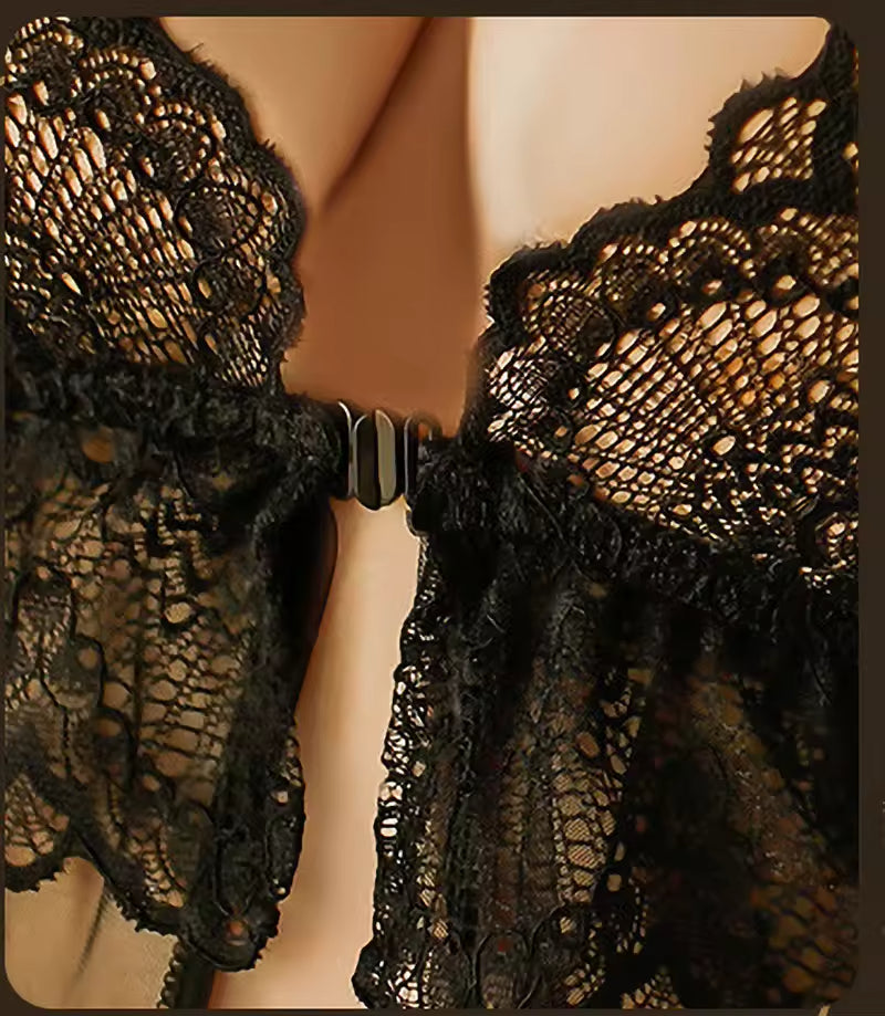 Suspenders Butterfly Beautiful Back Slit See-through Thin Soft Yarn Nightdress Matching Thong Set