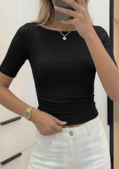 Summer Short Sleeve Tops Boat Neck Ribbed Knit Casual Basic Top