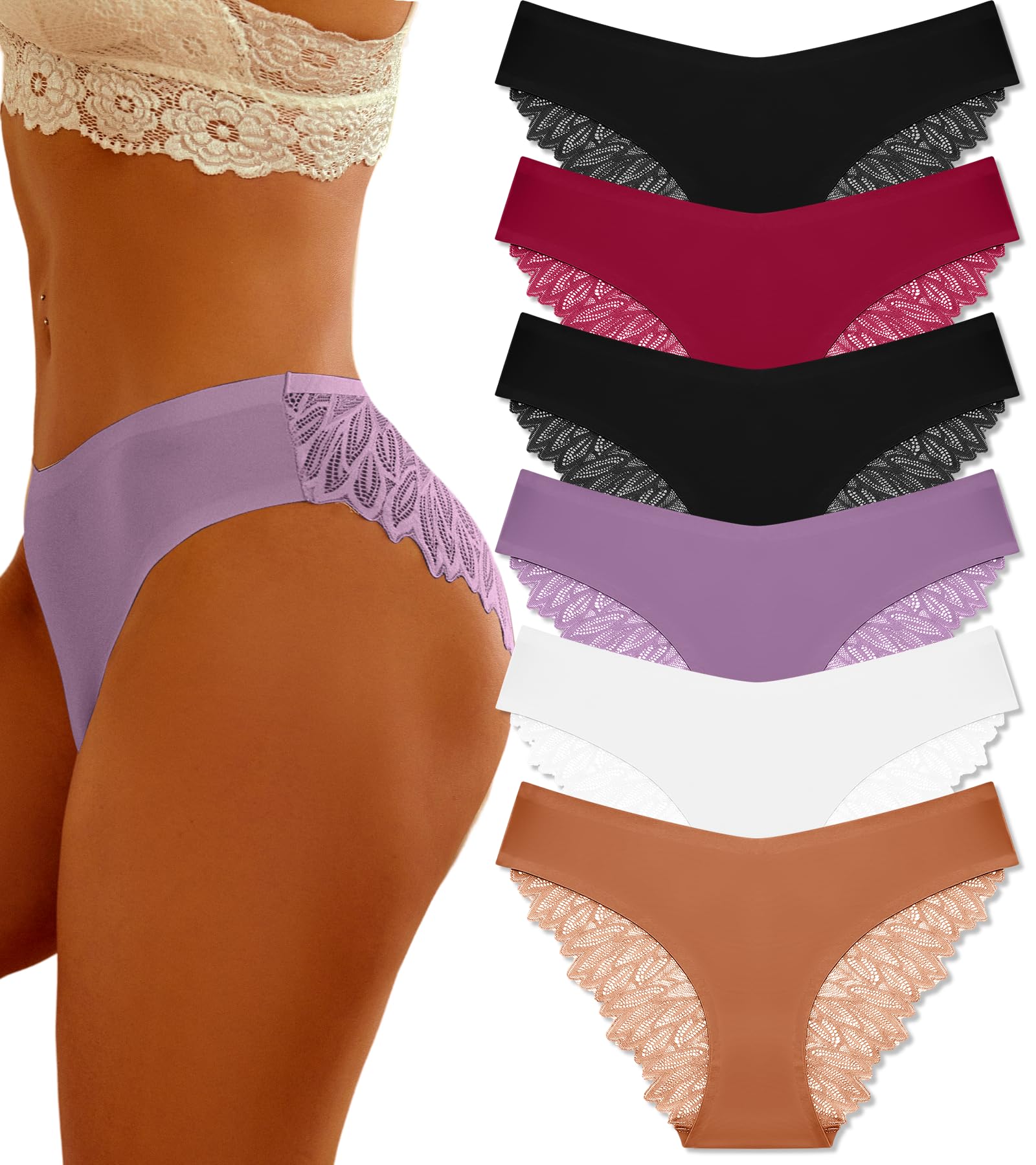 6 Pack Sexy Silky Seamless No Show Lace Bikini Lightweight Cheeky Hipster Panties