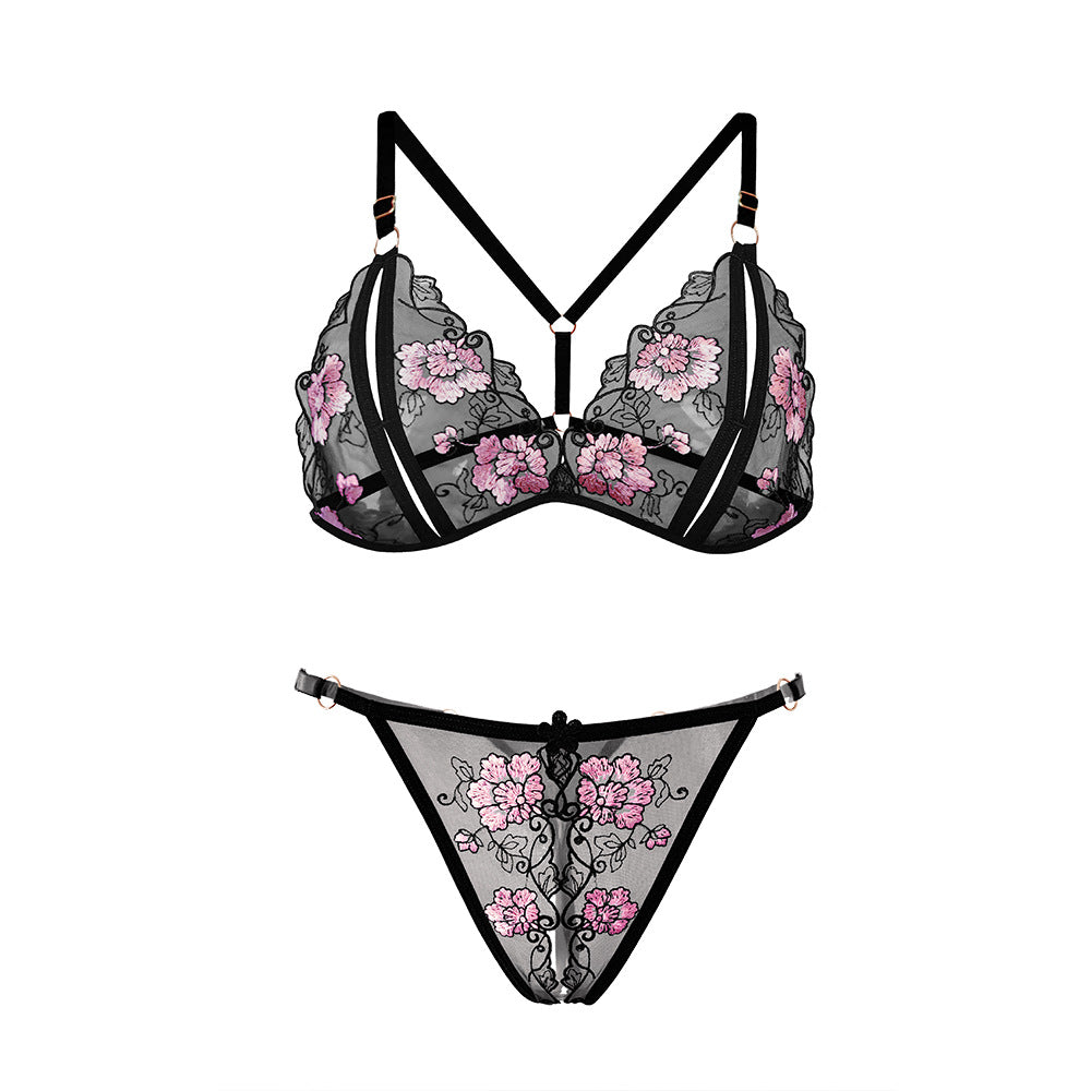 Three-Point Temptation Sexy Embroidery Open Crotch Passion Bra Set