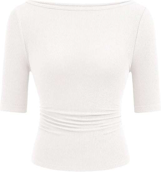 Summer Short Sleeve Tops Boat Neck Ribbed Knit Casual Basic Top