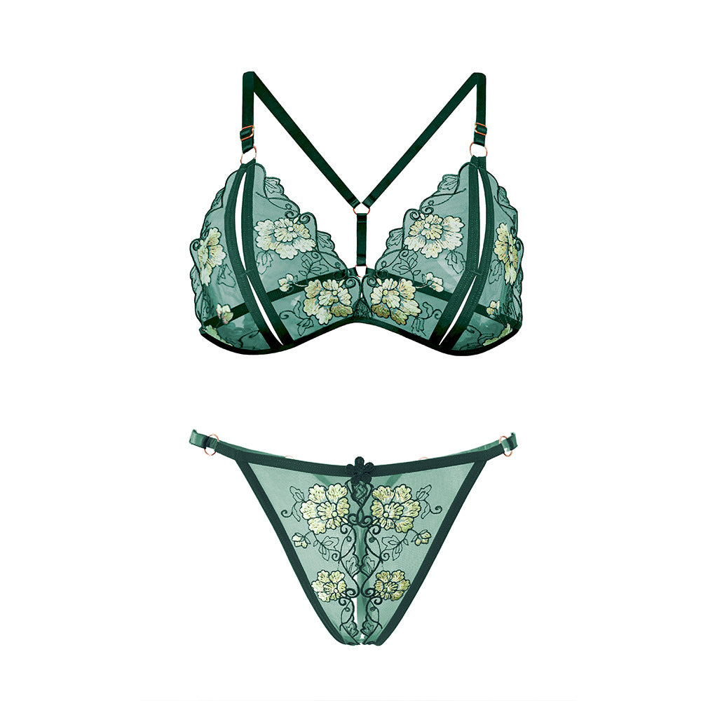 Three-Point Temptation Sexy Embroidery Open Crotch Passion Bra Set