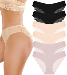 6 Pack Sexy Silky Seamless No Show Lace Bikini Lightweight Cheeky Hipster Panties
