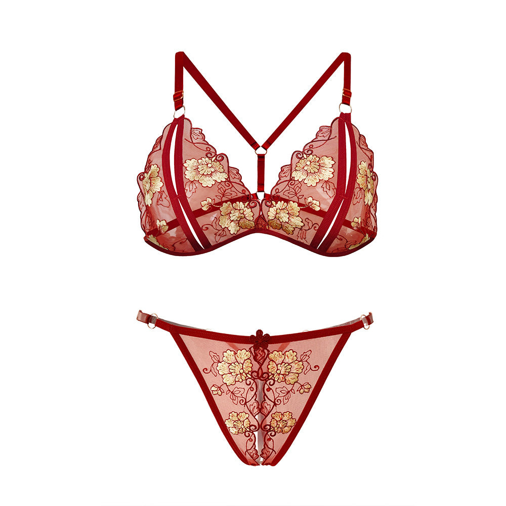 Three-Point Temptation Sexy Embroidery Open Crotch Passion Bra Set