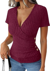 Short Sleeve V Neck Sexy Ribbed Knit Slim Fit Lightweight Sweater T-Shirts