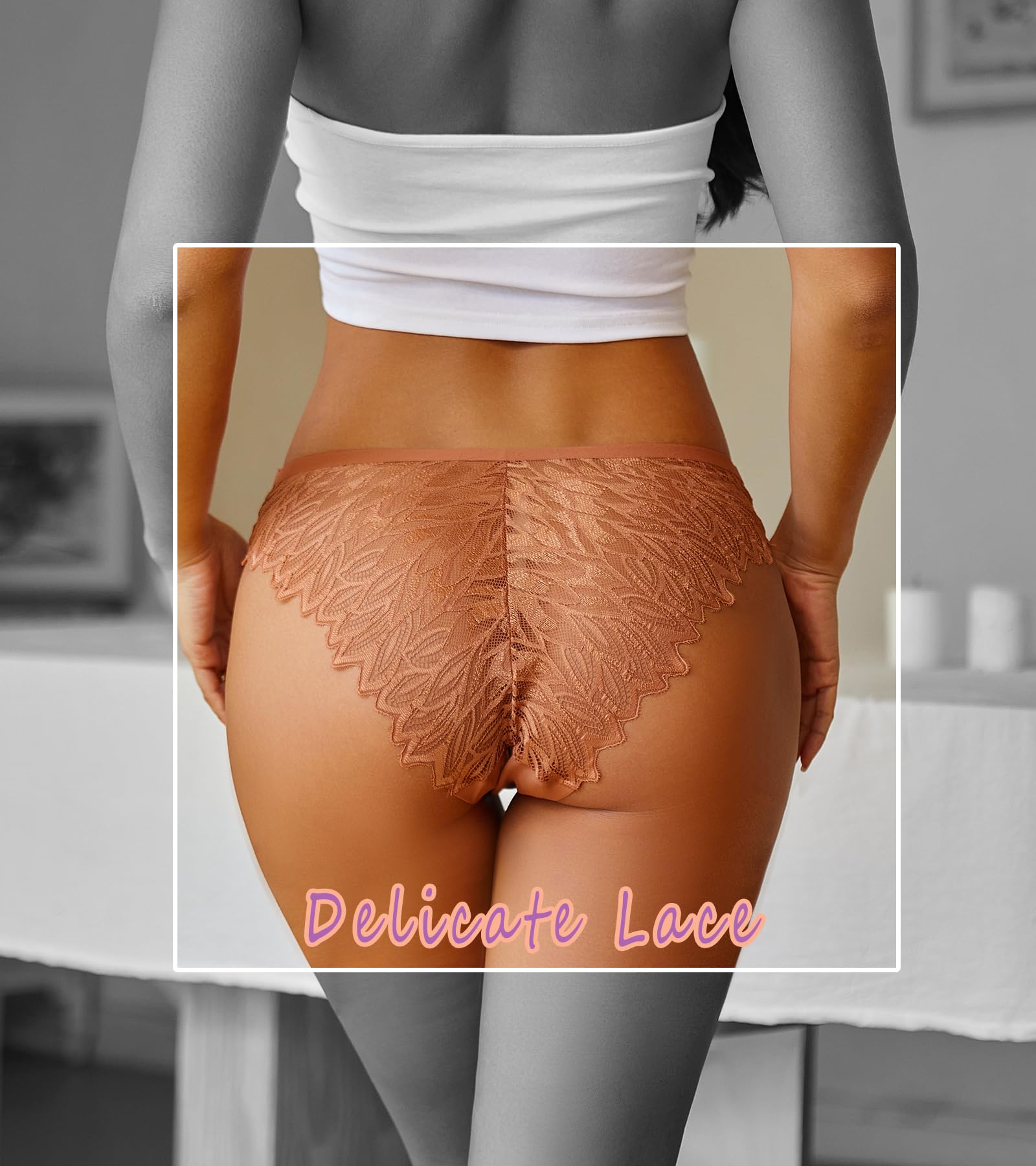 6 Pack Sexy Silky Seamless No Show Lace Bikini Lightweight Cheeky Hipster Panties