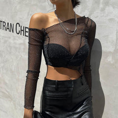 Silver Mesh Off-Shoulder Short Long-Sleeved T-Shirt