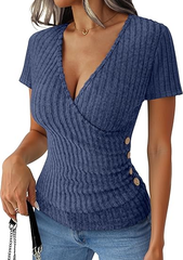 Short Sleeve V Neck Sexy Ribbed Knit Slim Fit Lightweight Sweater T-Shirts