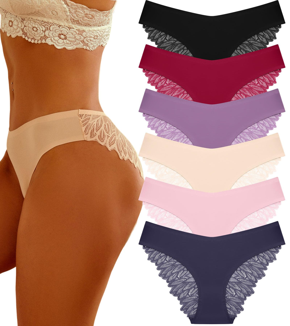 6 Pack Sexy Silky Seamless No Show Lace Bikini Lightweight Cheeky Hipster Panties