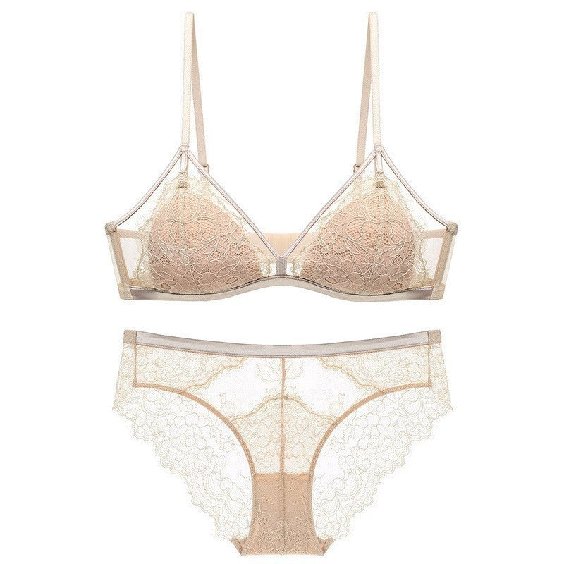 Thin Eyelash Lace Push-Up Bra Triangle Cup Wire-Free Bra Set