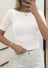 Summer Short Sleeve Tops Boat Neck Ribbed Knit Casual Basic Top