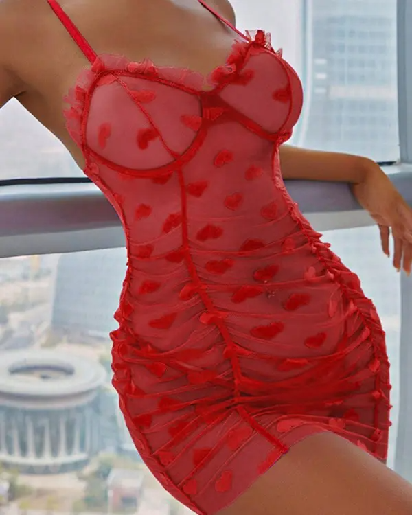 Heart Pattern Sheer Mesh Ruched Babydoll