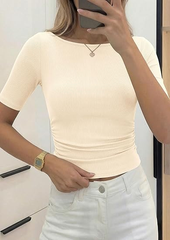 Summer Short Sleeve Tops Boat Neck Ribbed Knit Casual Basic Top