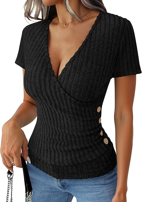 Short Sleeve V Neck Sexy Ribbed Knit Slim Fit Lightweight Sweater T-Shirts