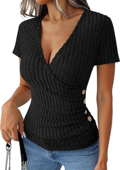 Short Sleeve V Neck Sexy Ribbed Knit Slim Fit Lightweight Sweater T-Shirts