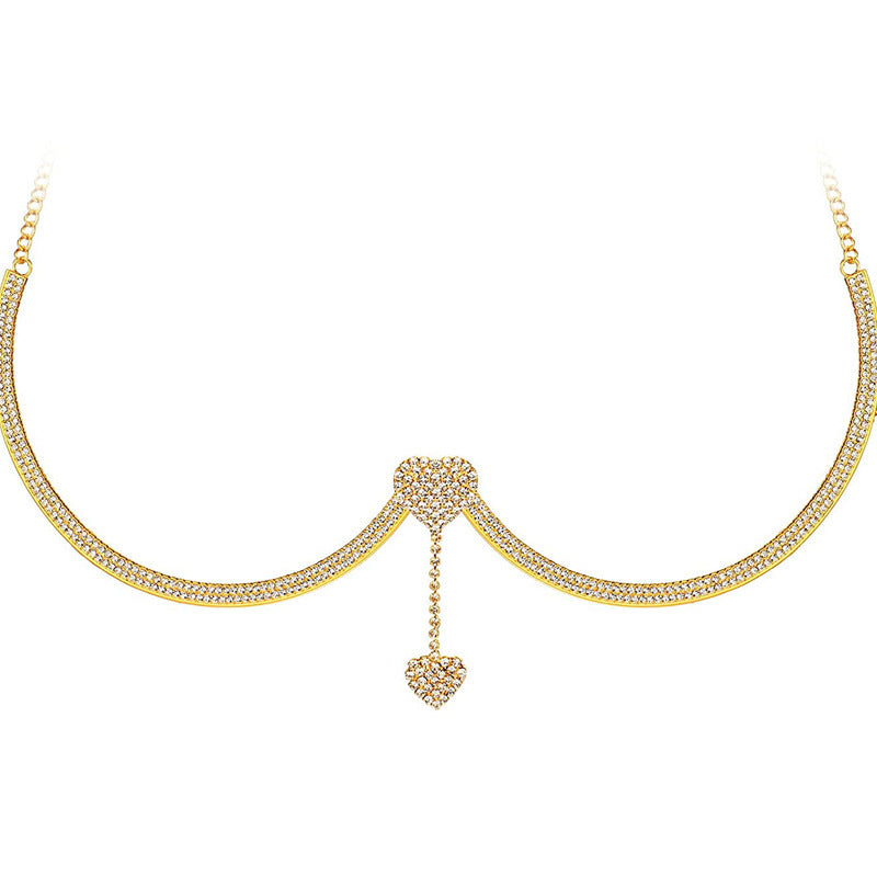 Super Hot Sparkling Diamond Bikini Thong Sexy Chest Chain Set--Gold