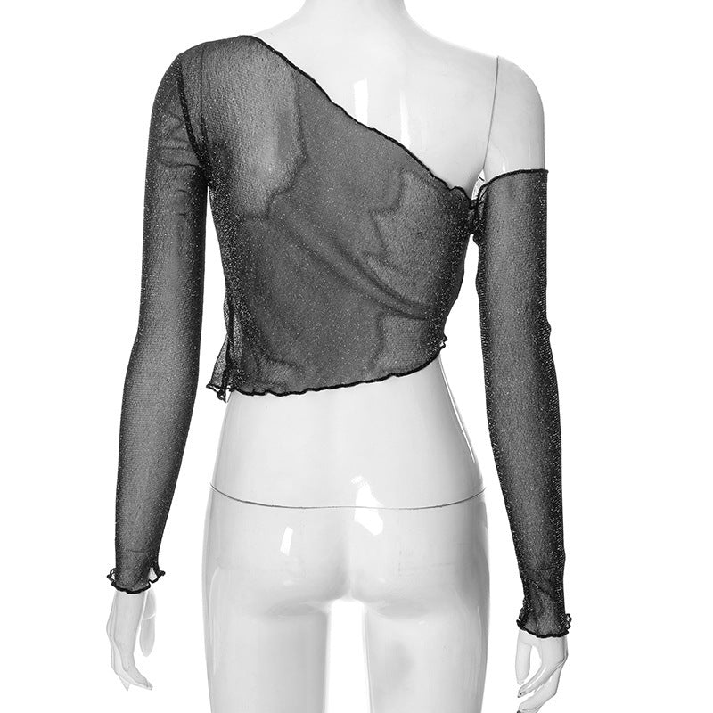 Silver Mesh Off-Shoulder Short Long-Sleeved T-Shirt