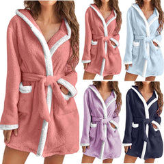 Autumn And Winter Color Matching Hooded Pajamas Plush Warm Bathrobe