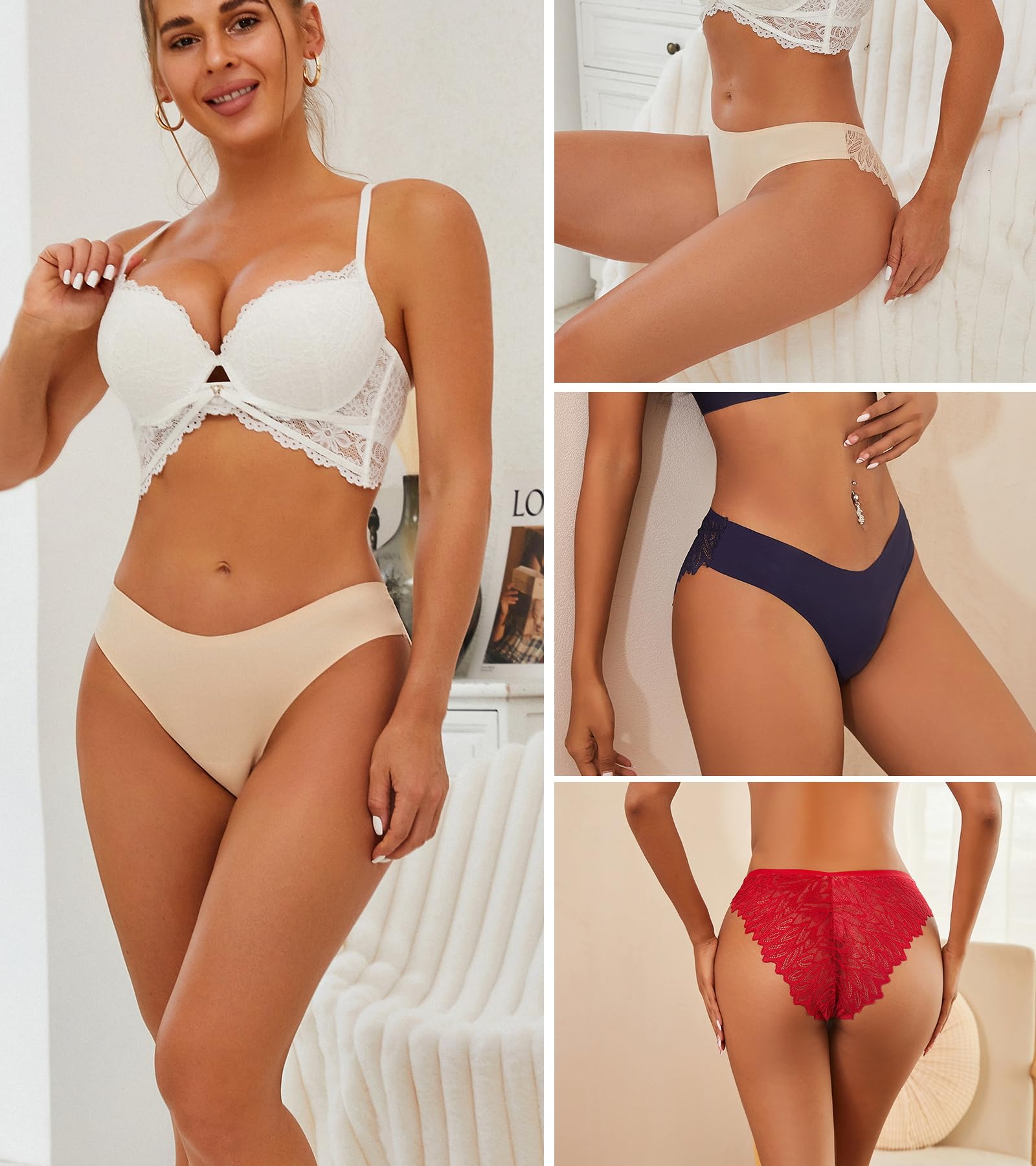 6 Pack Sexy Silky Seamless No Show Lace Bikini Lightweight Cheeky Hipster Panties