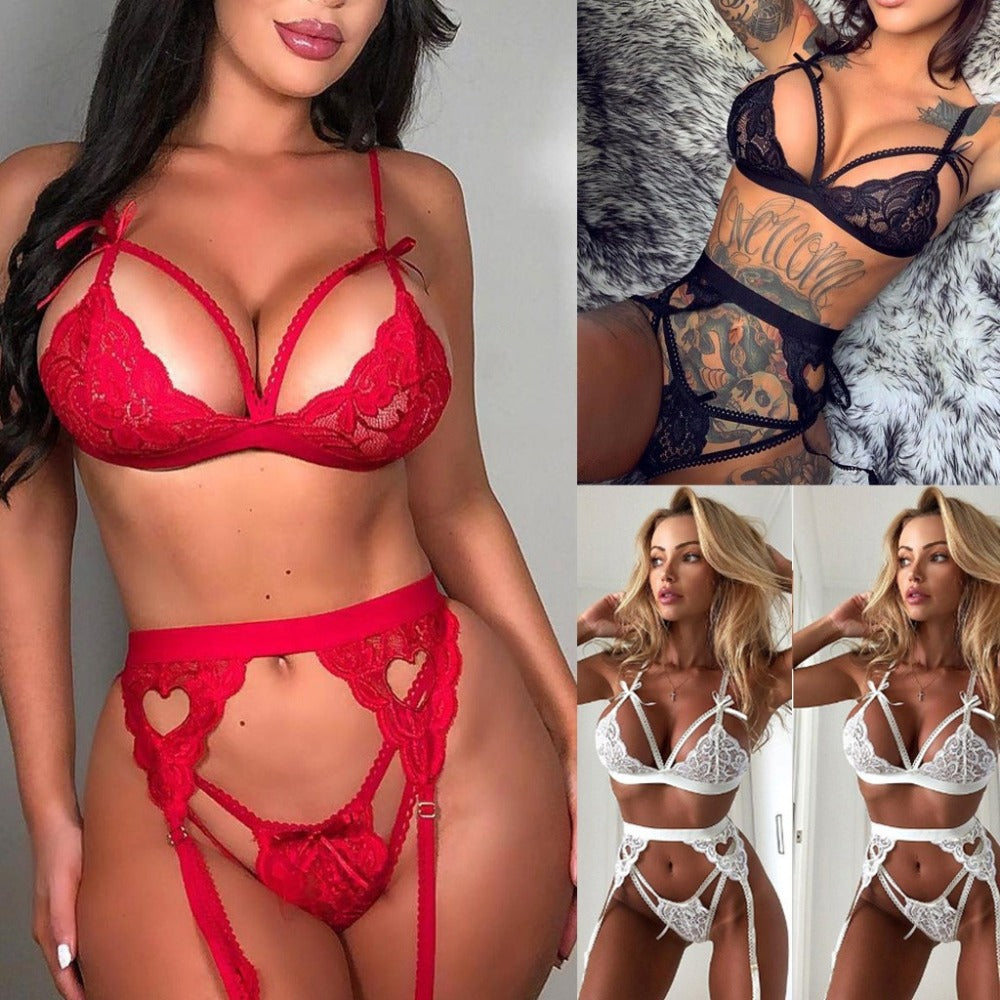 Lingerie Sets with Garter Belt 3 Piece Lace Teddy Babydoll Bodysuit